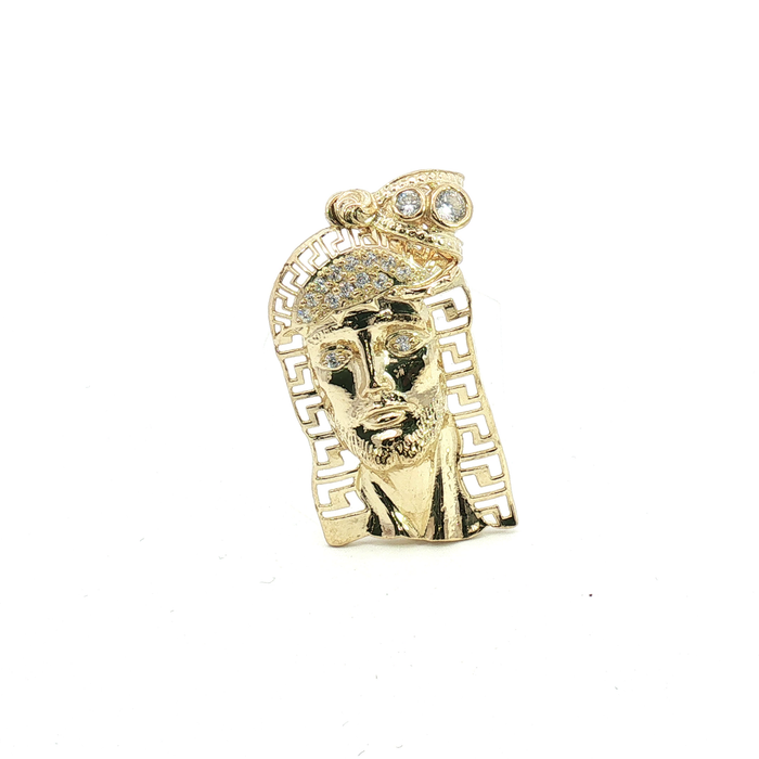 10k Accented Jesus Piece Pendant in Yellow Gold with Greek borders and CZ crystals.