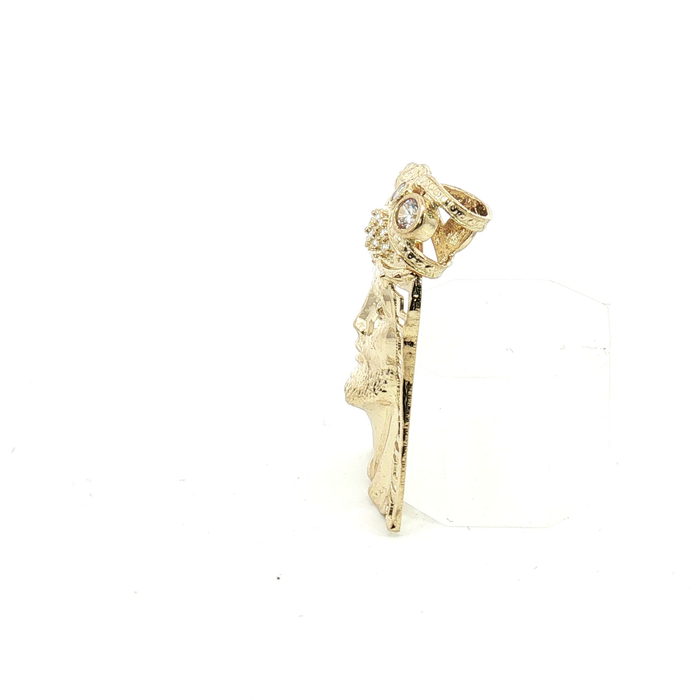 10k Accented Jesus Piece Pendant in Yellow Gold with Greek borders and CZ crystals.