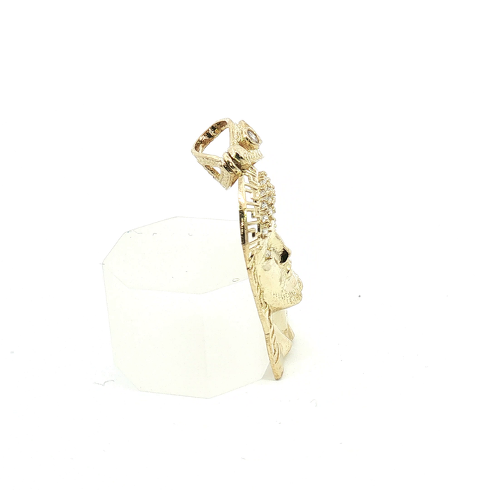 10k Accented Jesus Piece Pendant in Yellow Gold with Greek borders and CZ crystals.