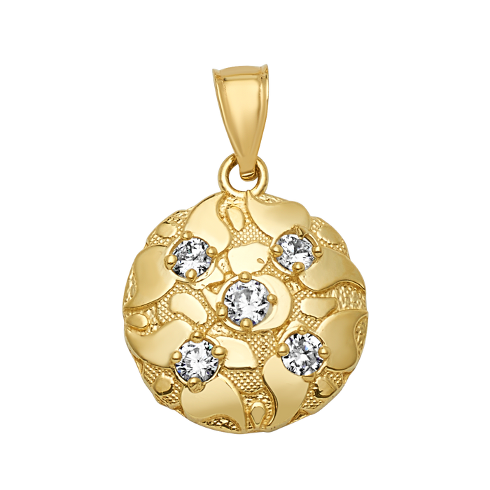 10K Gold Round Pendant CZ Cluster Textured