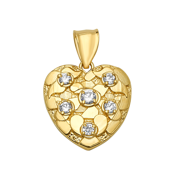 10K Gold Heart Pendant CZ Cluster Textured
