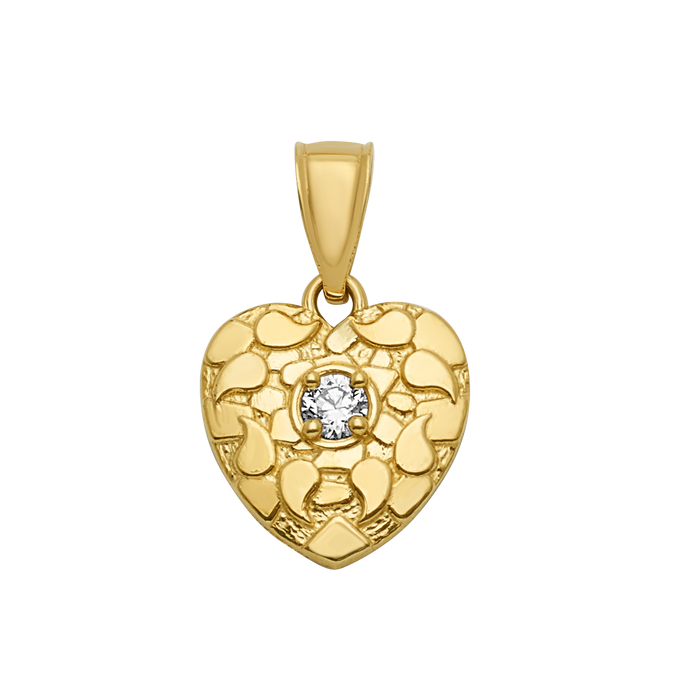 10K Gold Heart Pendant Single CZ Textured