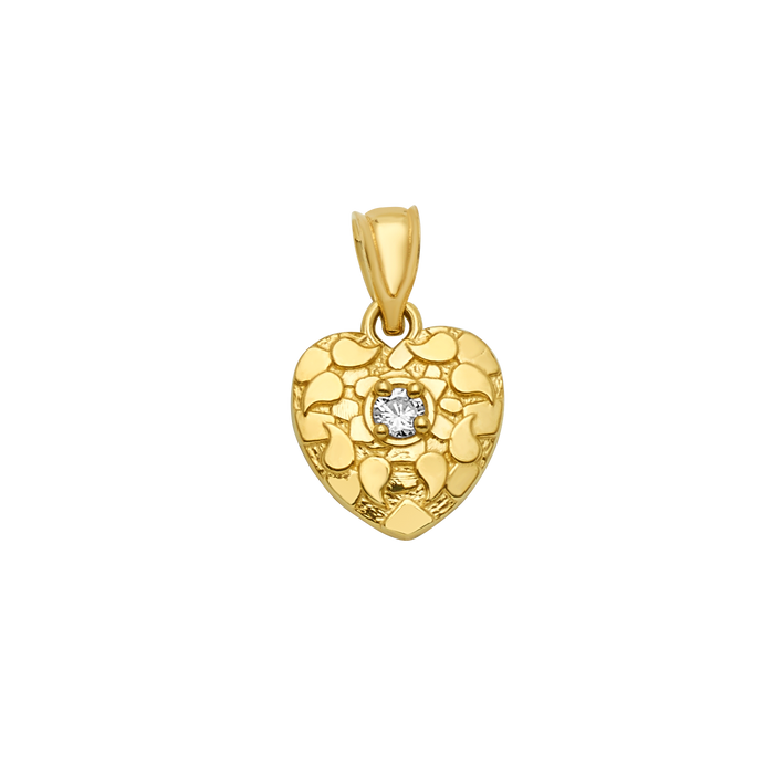 10K Gold Heart Pendant Single CZ Textured