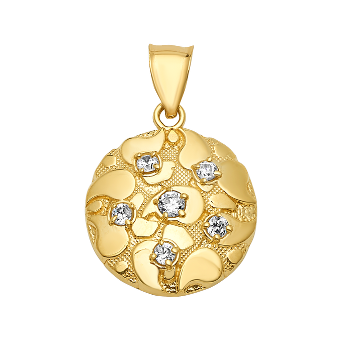 10K Gold Round Pendant CZ Cluster Textured
