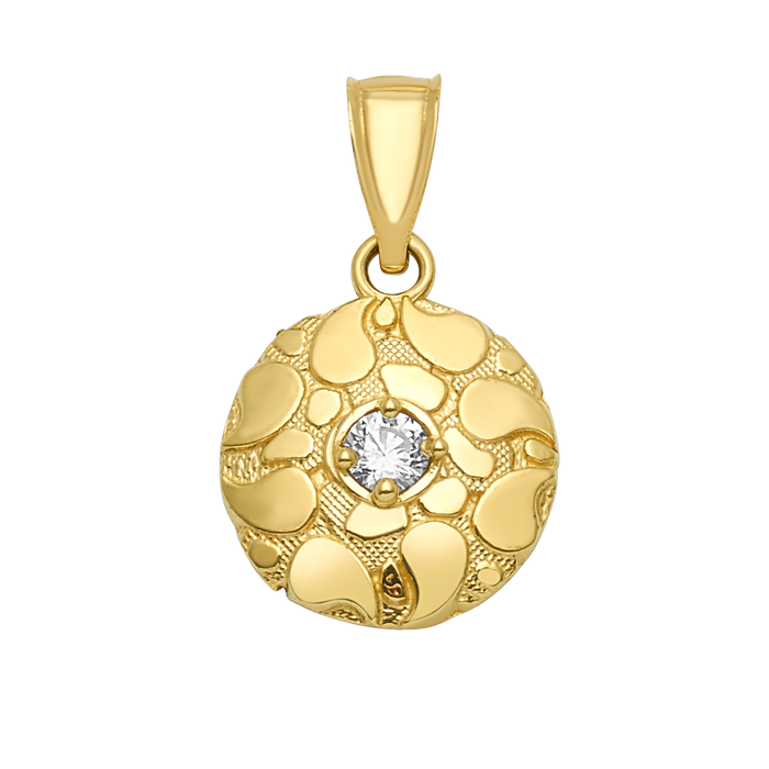 10K Gold Round Pendant Single CZ Textured