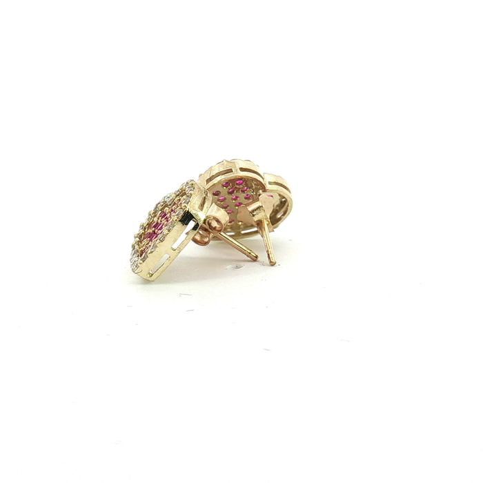 10K Red and White Heart Stud Earrings in Yellow Gold