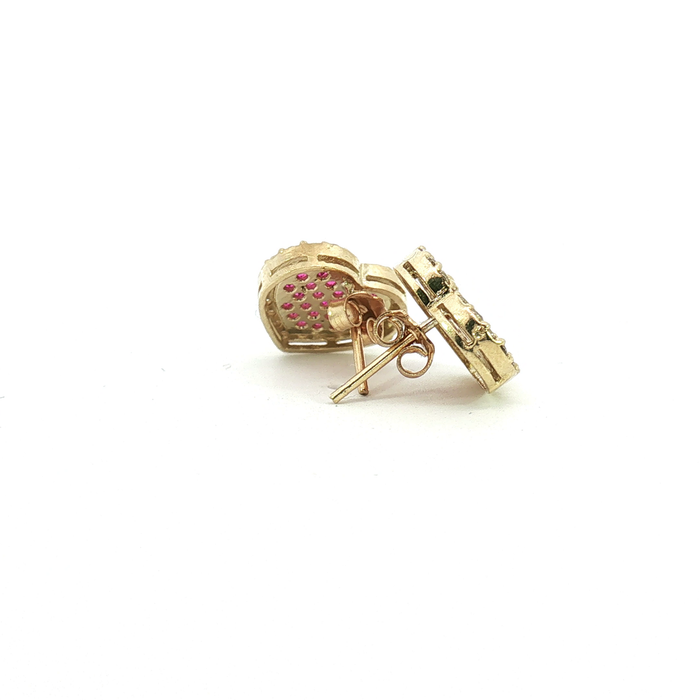 10K Red and White Heart Stud Earrings in Yellow Gold