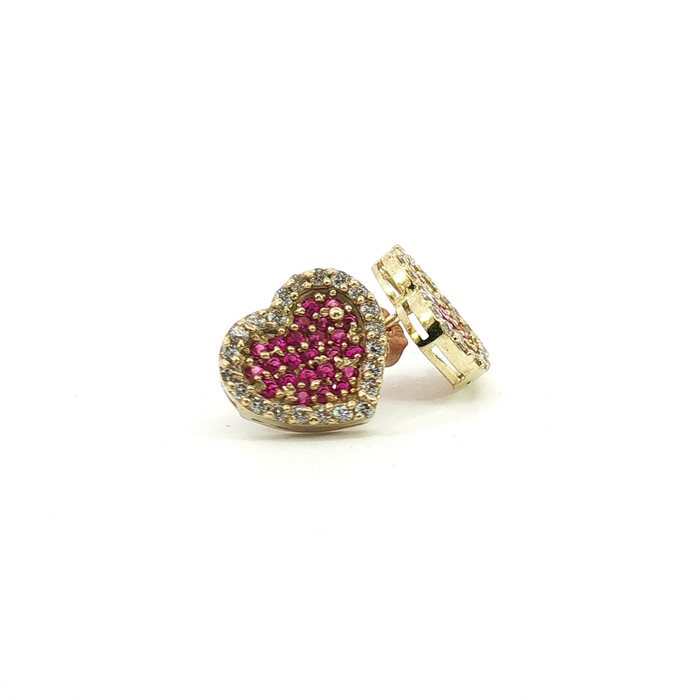 10K Red and White Heart Stud Earrings in Yellow Gold