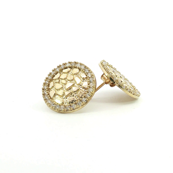 10K Round Nugget Halo Stud Earrings in Yellow Gold with Stones - Medium