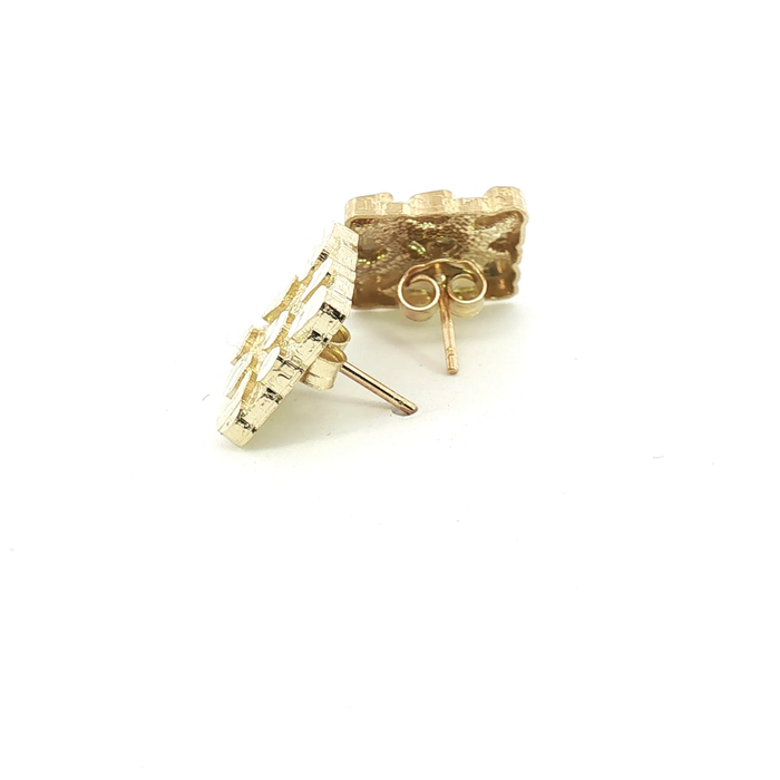10K Square Nugget Yellow Gold Stud Earrings - Large