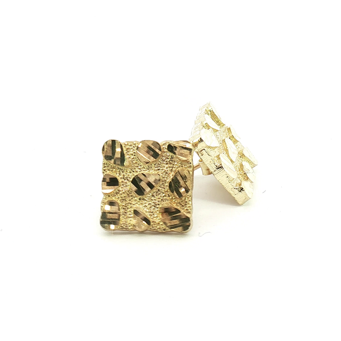 10K Square Nugget Yellow Gold Stud Earrings - Large