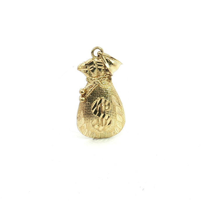 10k Textured Yellow Gold Money Bag Pendant with Diamond-Cut Detail Medium