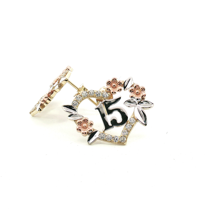 10K Tri-Color Gold 15 Años Quinceañera Stones Heart Stud Earrings