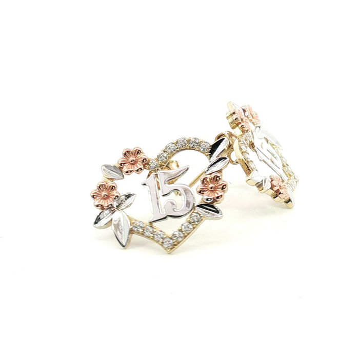 10K Tri-Color Gold 15 Años Quinceañera Stones Heart Stud Earrings