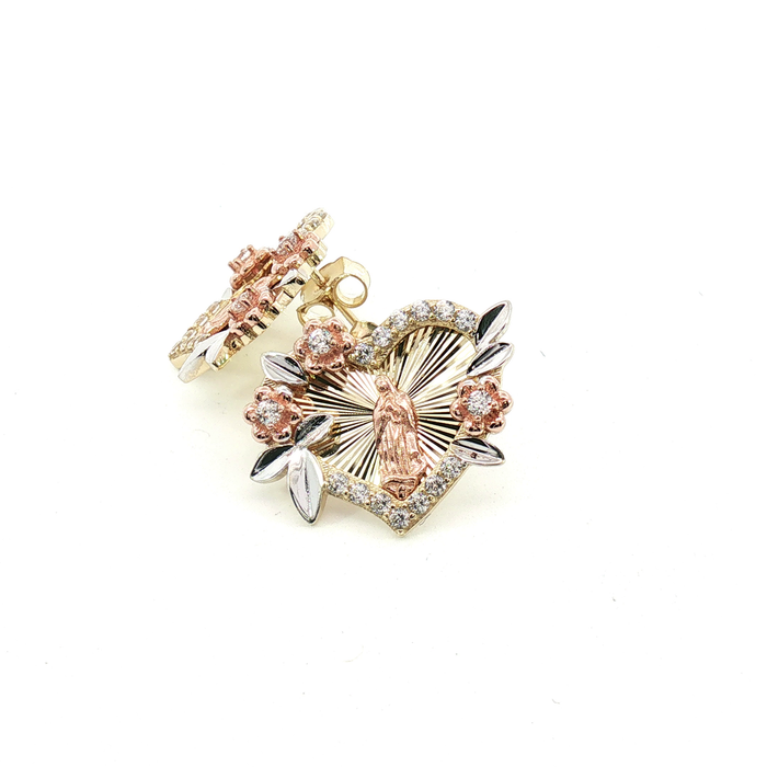 10K Tri-Color Gold Virgin Mary Stud Earrings with Round Brilliant Stones