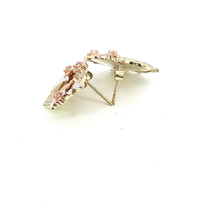 10K Tri-Color Gold Virgin Mary Stud Earrings with Round Brilliant Stones
