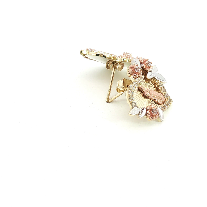 10K Tri-Color Gold Virgin Mary Stud Earrings with Round Brilliant Stones