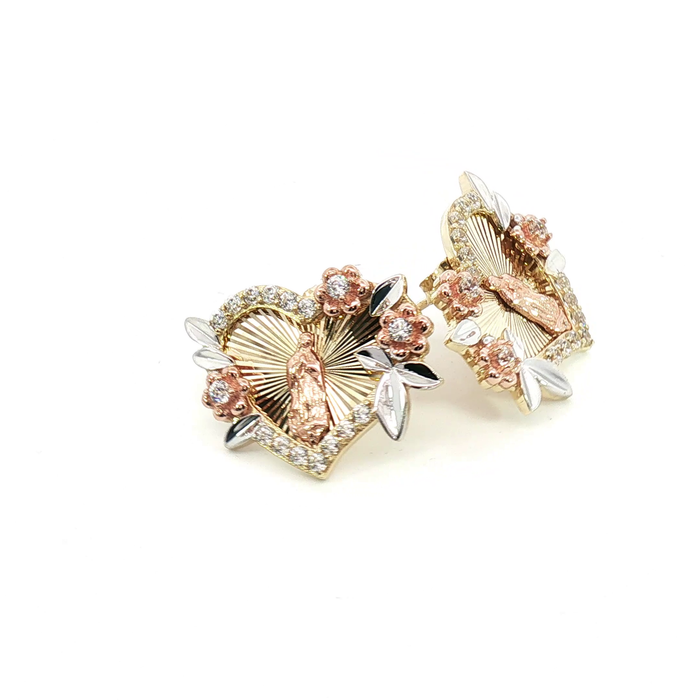 10K Tri-Color Gold Virgin Mary Stud Earrings with Round Brilliant Stones