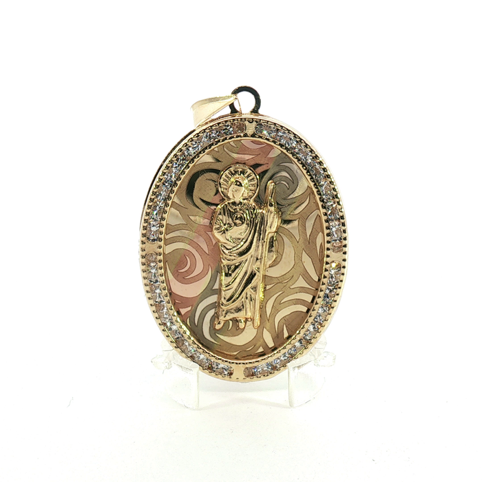 10K Tricolor Gold Saint Jude crystal Border Oval Medallion CZ Halo Pendant