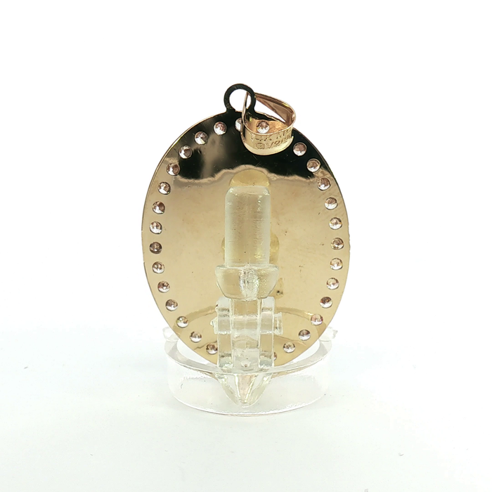 10K Tricolor Gold Saint Jude crystal Border Oval Medallion CZ Halo Pendant