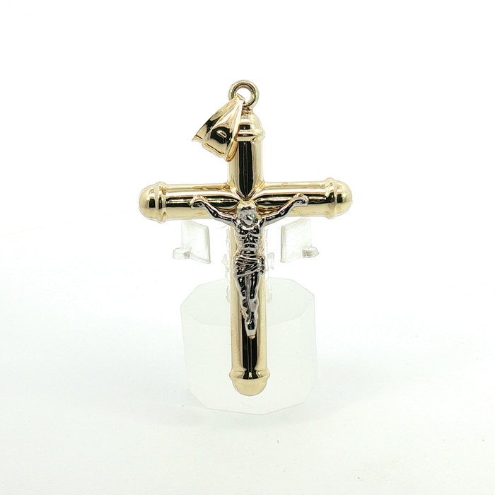 10k Two-Tone Yellow and White Gold Tubular Crucifix Pendant