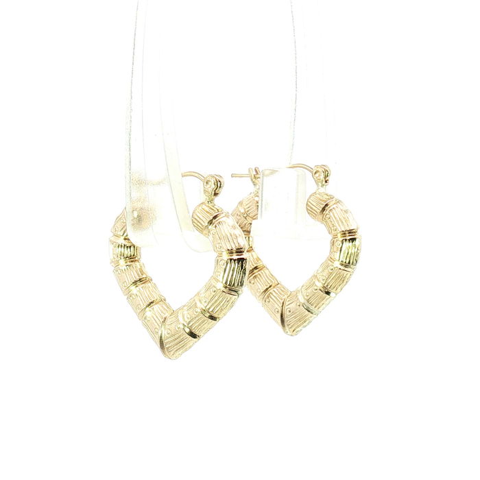 10K Yellow Gold Bamboo-Textured Heart Hoop Earrings
