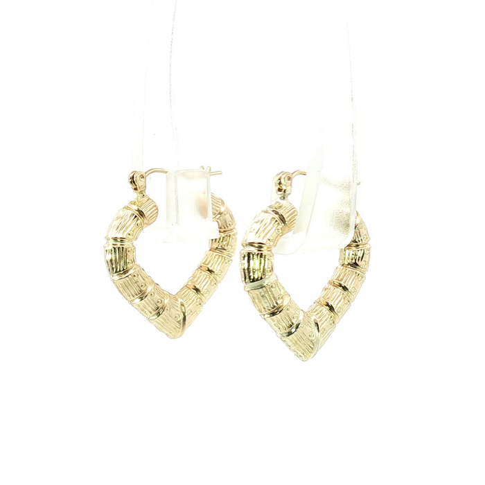 10K Yellow Gold Bamboo-Textured Heart Hoop Earrings