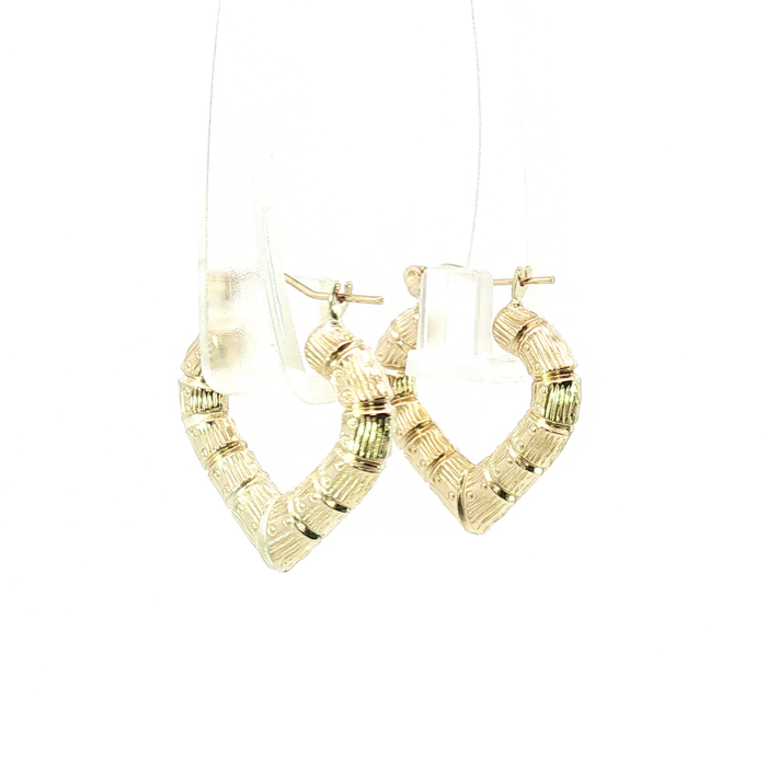 10K Yellow Gold Bamboo-Textured Heart Hoop Earrings