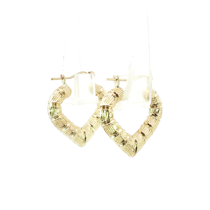10K Yellow Gold Bamboo-Textured Heart Hoop Earrings