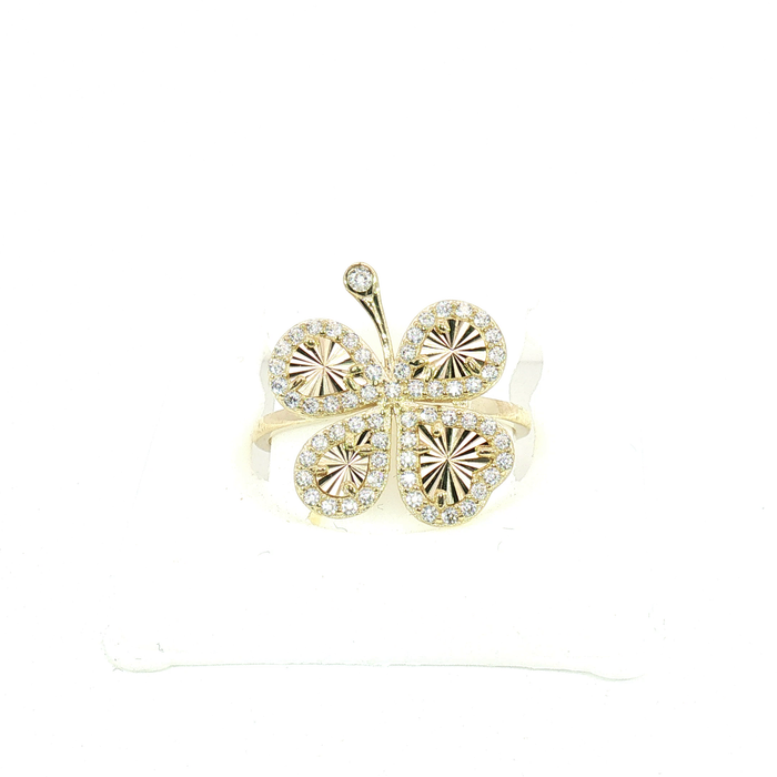10K Yellow Gold Clover Ring with Crystals