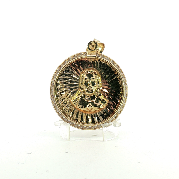 10K Yellow Gold Diamond-Cut Jesus Pendant with crystal Halo
