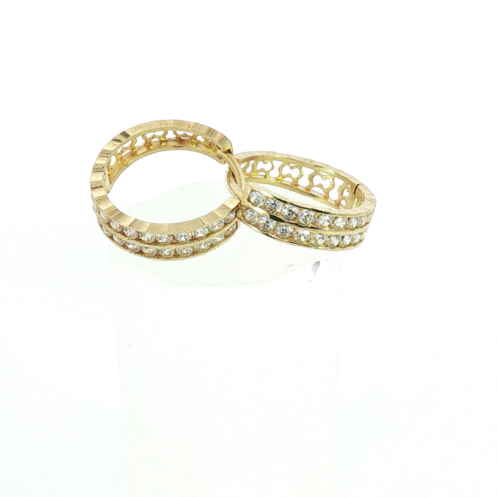 10K Yellow Gold Double Row Diamond Huggie Hoop Earrings
