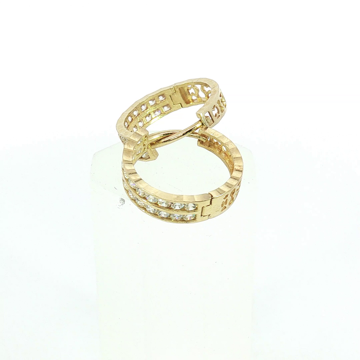10K Yellow Gold Double Row Diamond Huggie Hoop Earrings