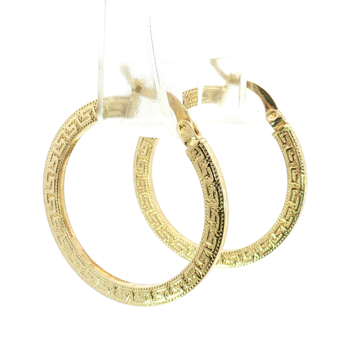 10K Yellow Gold Greek Key Pattern Hoop Earrings