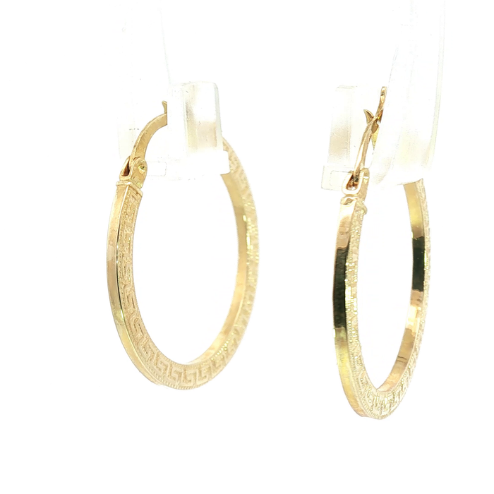 10K Yellow Gold Greek Key Pattern Hoop Earrings