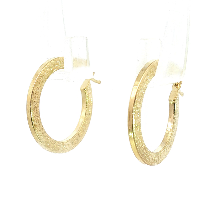 10K Yellow Gold Greek Key Pattern Hoop Earrings