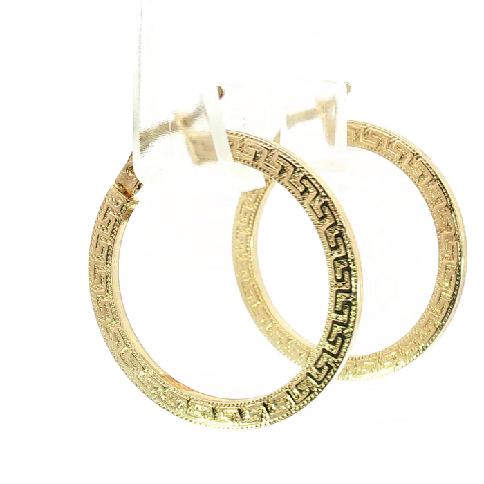 10K Yellow Gold Greek Key Pattern Hoop Earrings