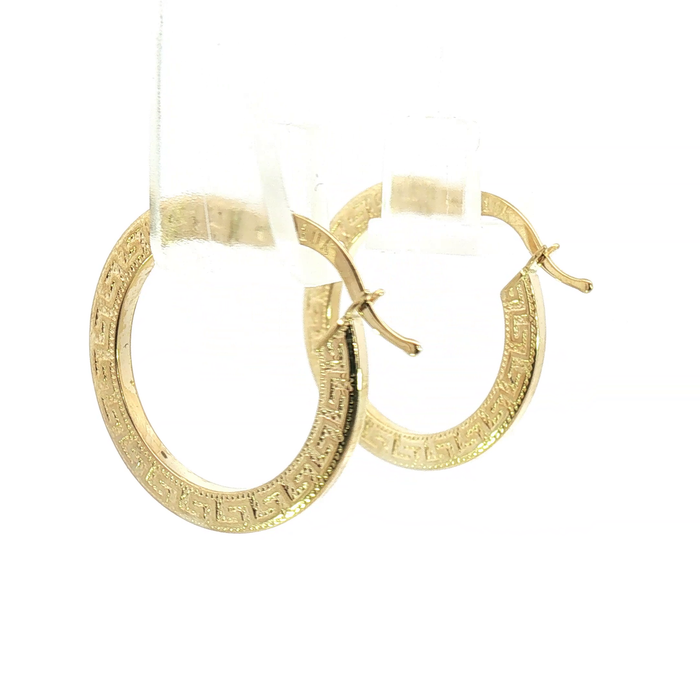 10K Yellow Gold Greek Key Pattern Hoop Earrings
