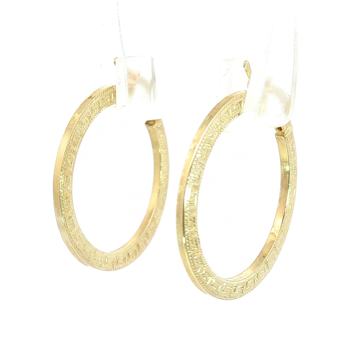 10K Yellow Gold Greek Key Pattern Hoop Earrings