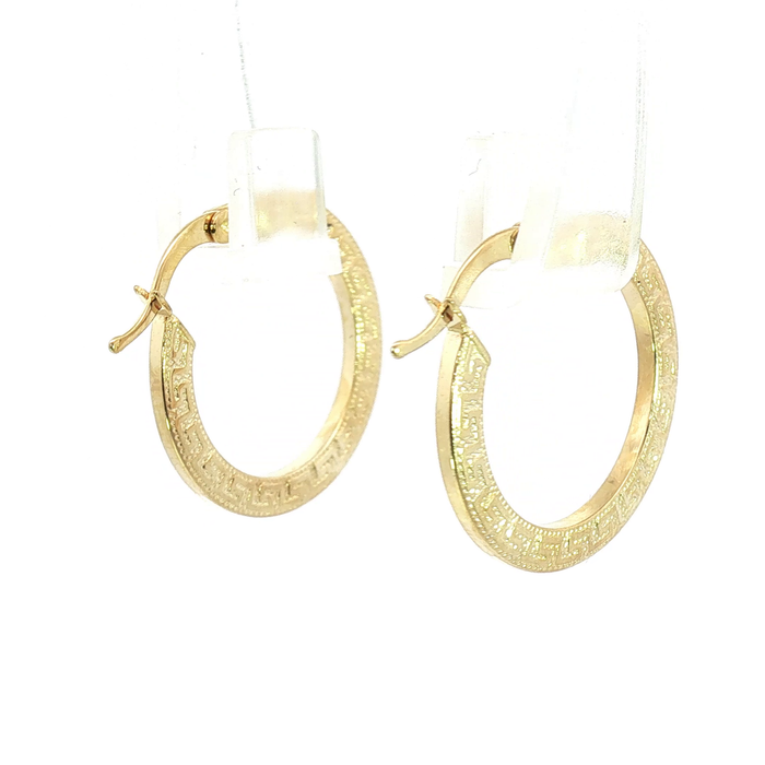 10K Yellow Gold Greek Key Pattern Hoop Earrings