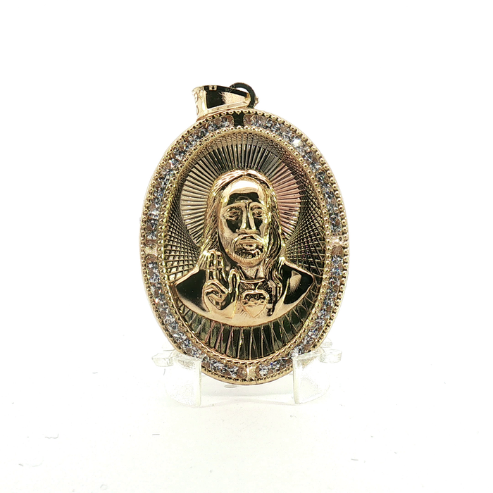10K Yellow Gold Jesus crystal Halo Oval Pendant