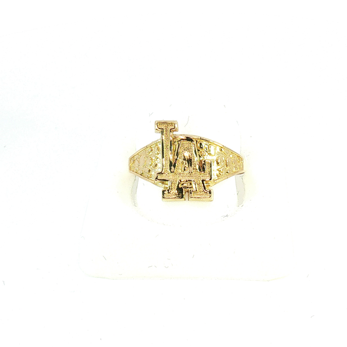 10K Yellow Gold LA Logo Signet Ring with Nugget Band