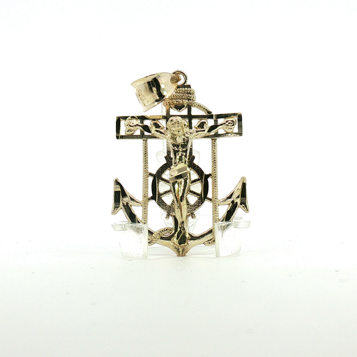10K Yellow Gold Maritime Anchor and Ship's Wheel Pendant - Medium