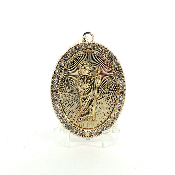 10K Yellow Gold Oval Saint Jude Religious Pendant with Crystal Halo