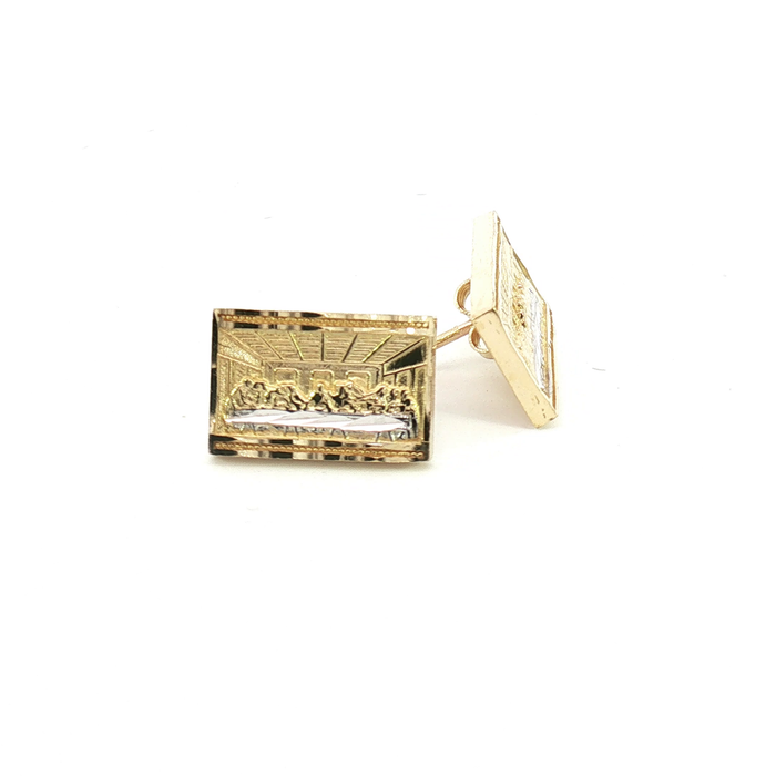 10K Yellow Gold Rectangular Last Supper Two-Tone Stud Earrings