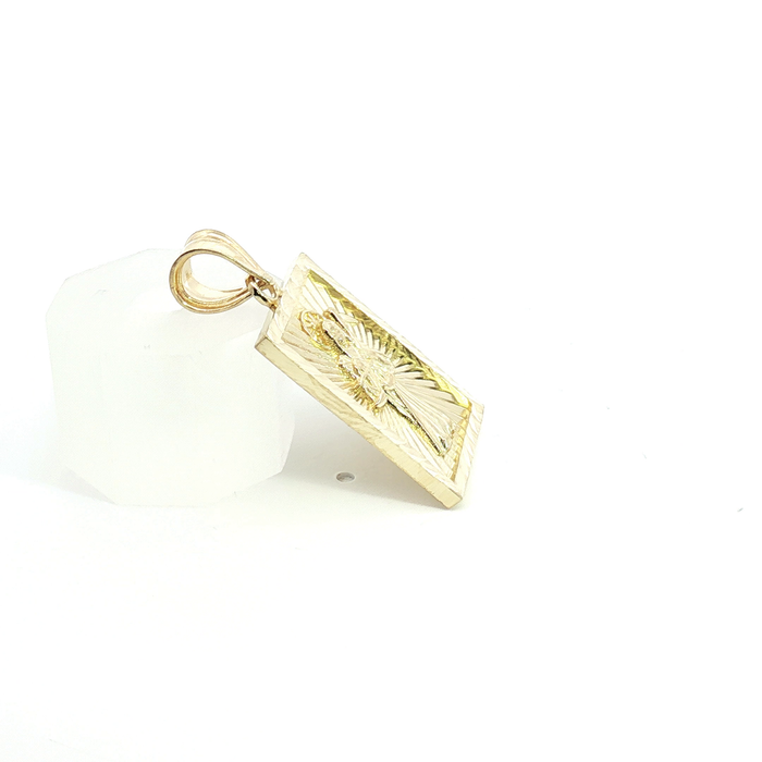 10k Yellow Gold Santa Muerte Sunburst Diamond-Cut Rectangular Pendant