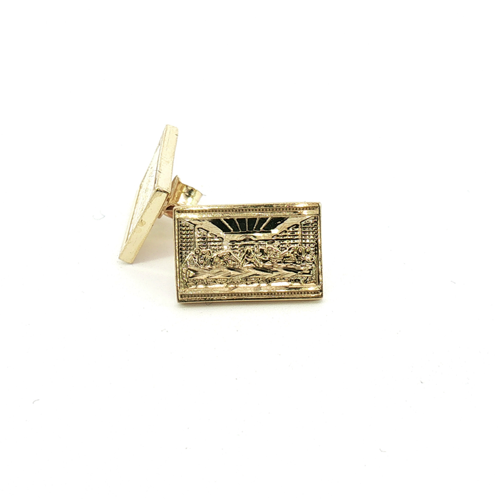 10K Yellow Gold The Last Supper Rectangular Embossed Stud Earrings
