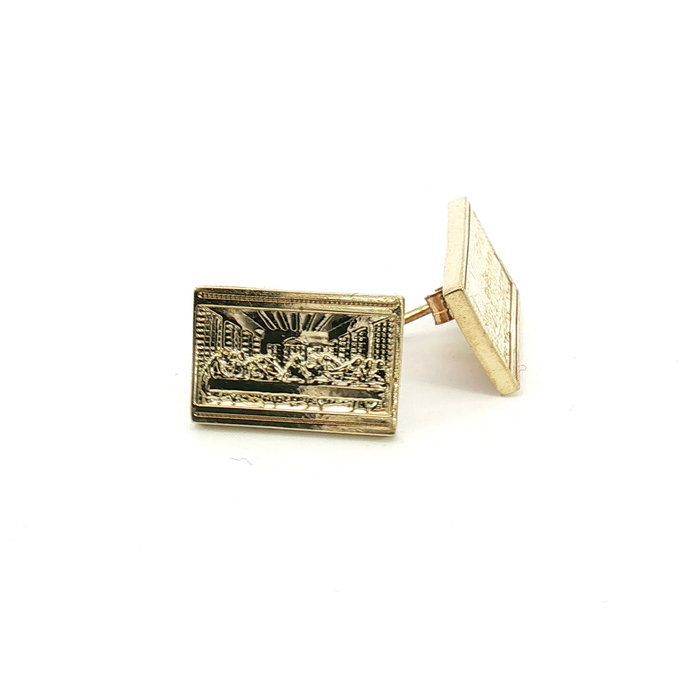 10K Yellow Gold The Last Supper Rectangular Embossed Stud Earrings