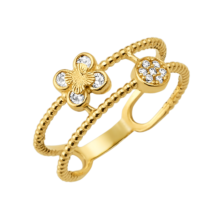 10K/14K Gold Double Band Flower Ring with Gemstones