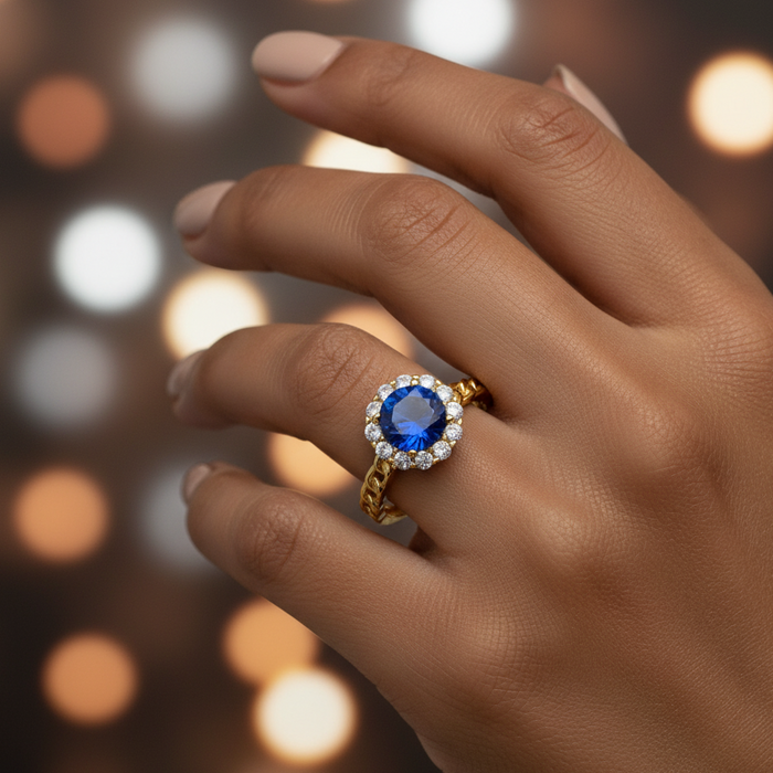 Gold ring with a blue gemstone on a blurred background